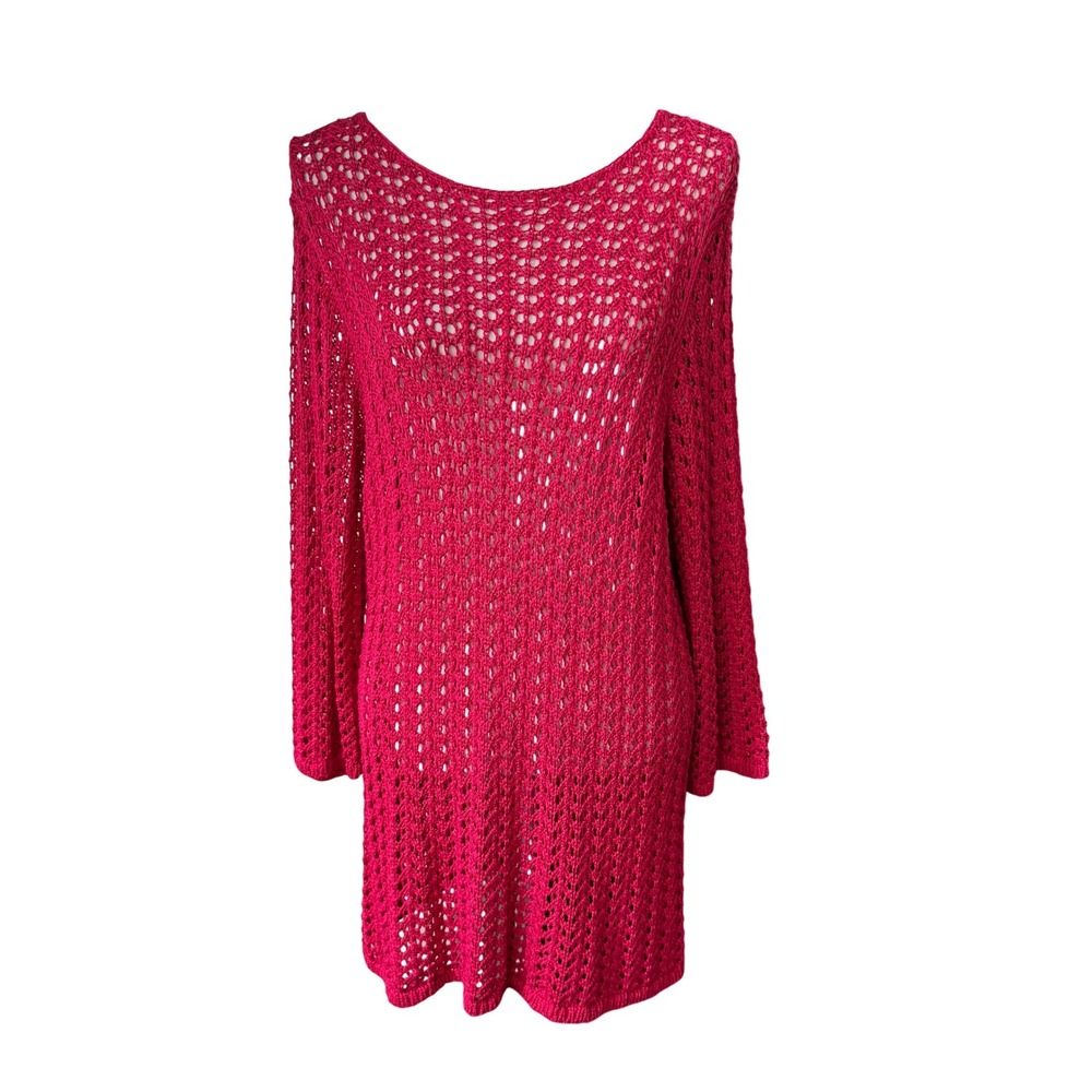 Chico's Fuchsia‎ Pink Open Knit Crochet Tunic Sweater Size 3 XL Long Sleeve Boho